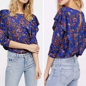 Free People Dock Street Ruffle Floral Blouse Top S Keyhole Stretch Blue Combo
